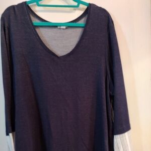 Navy Sweater Top With Striped Back And Trim